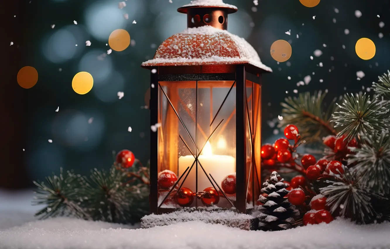 Photo wallpaper winter, snow, decoration, night, new year, Christmas, lights, light