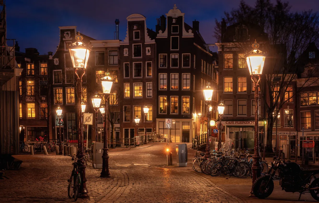 Photo wallpaper night, lights, street, home, Amsterdam, lights, Netherlands, Holland