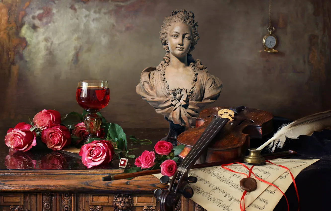 Photo wallpaper flowers, notes, pen, violin, watch, glass, roses, leaves