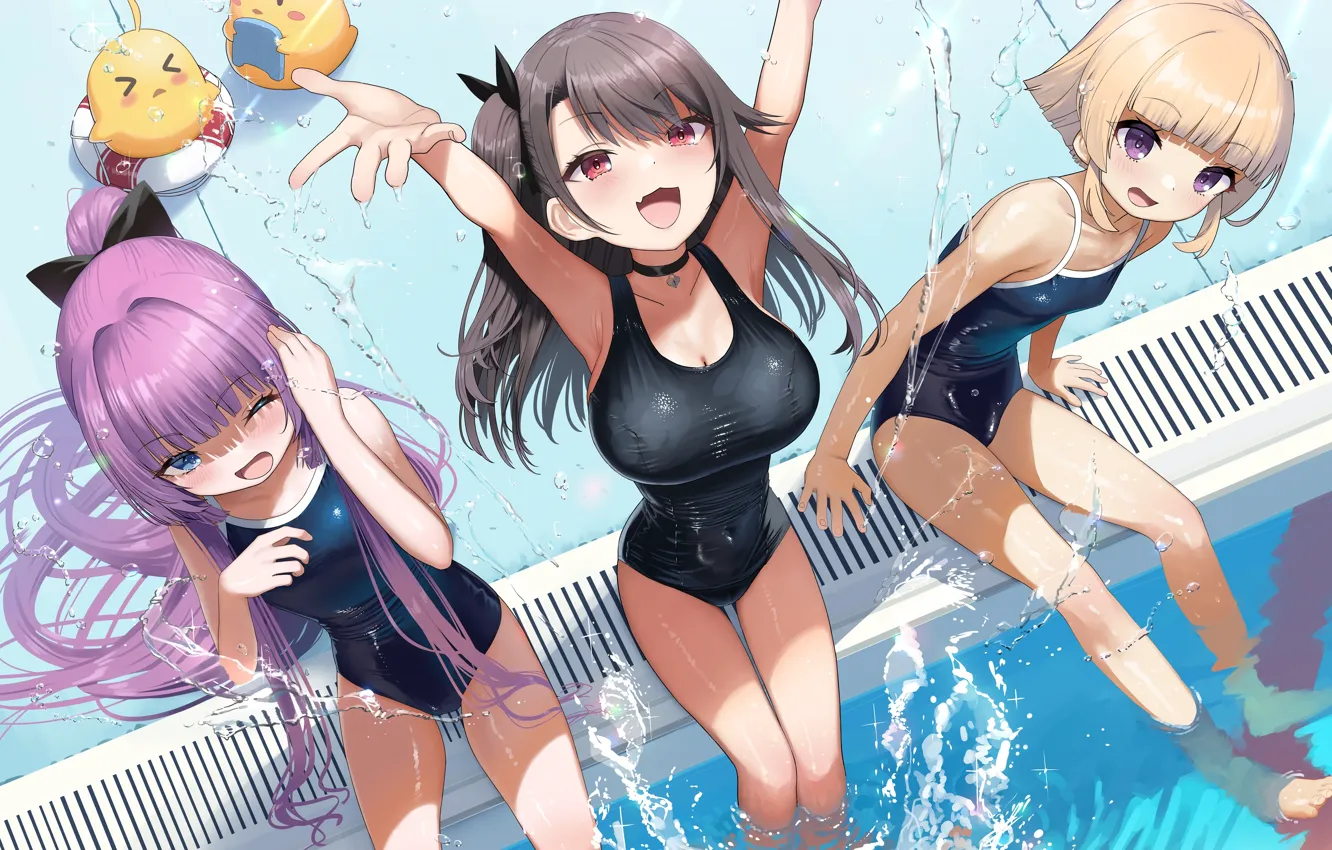 Photo wallpaper sexy, wet, pool, cleavage, long hair, legs, girls, brown hair