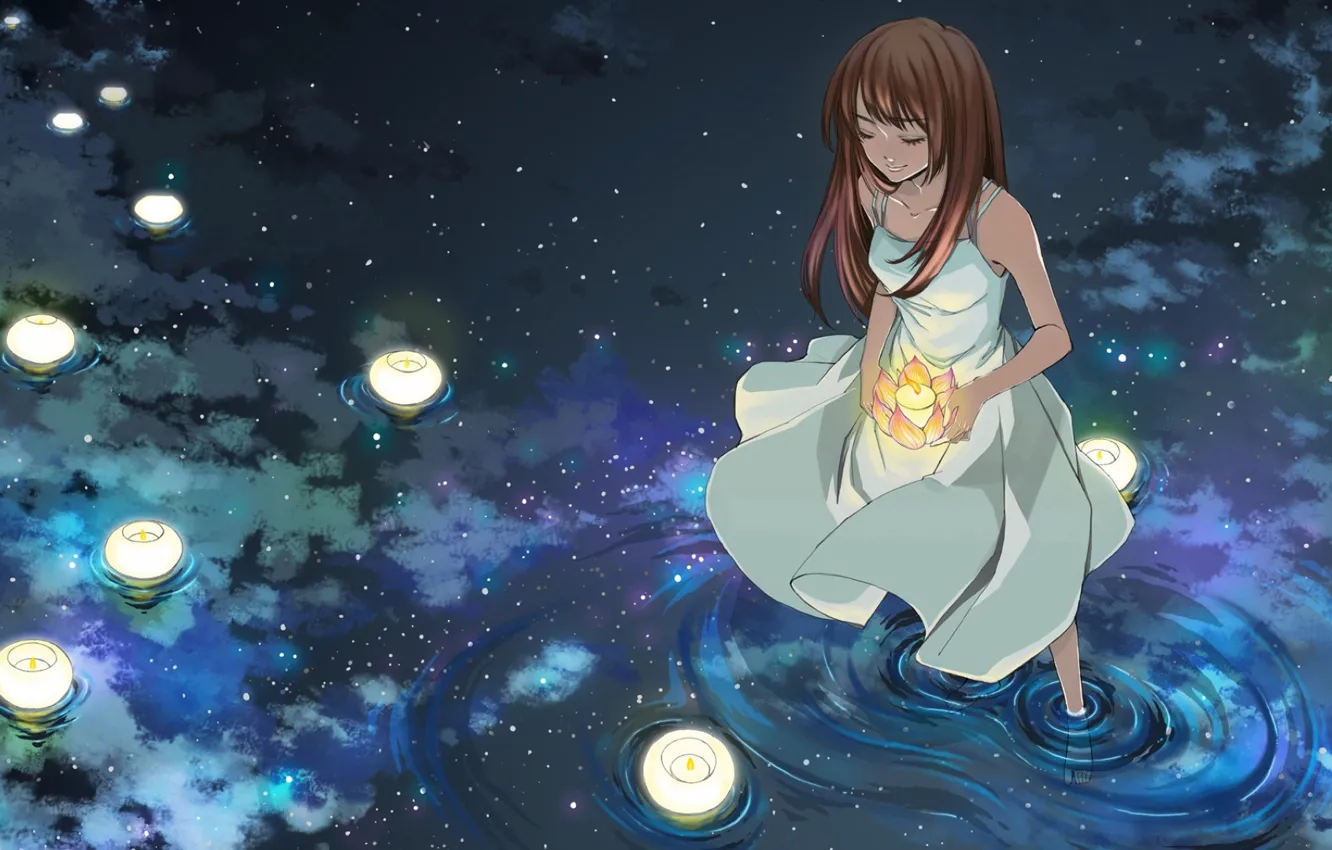 Photo wallpaper water, girl, candles, anime, art