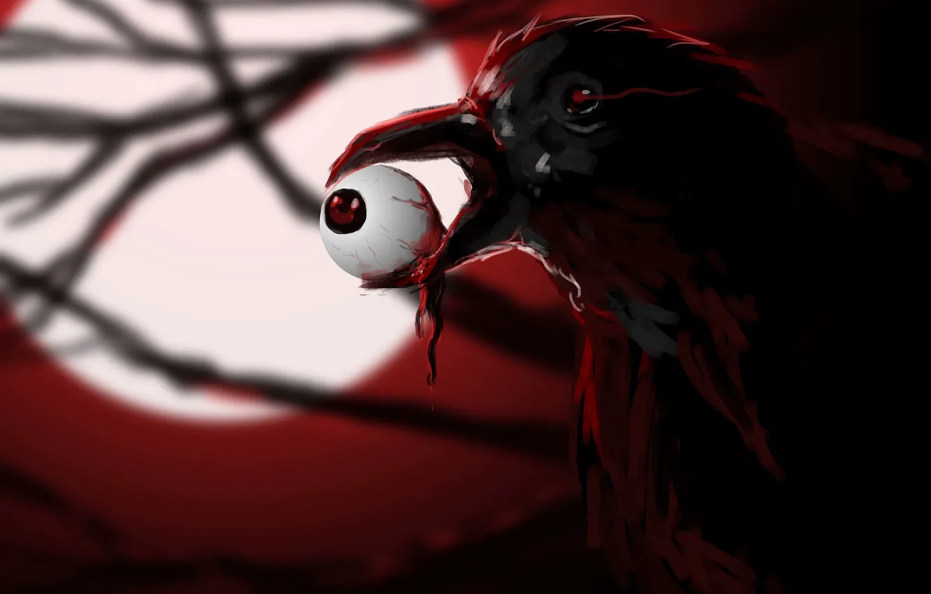Photo wallpaper eyes, bird, blood, art, Raven, eyeball