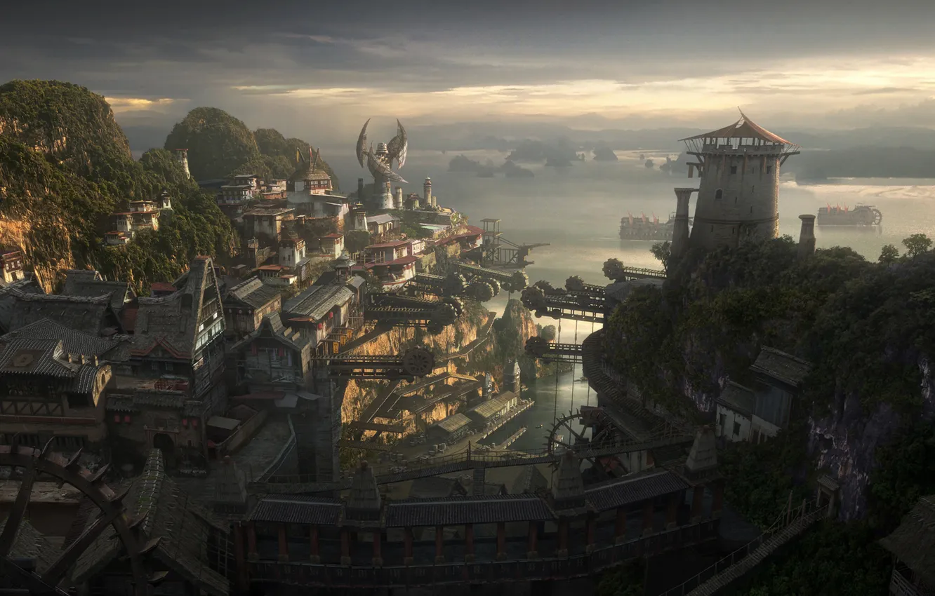 Photo wallpaper mountains, the city, ship, home, Bay, crane