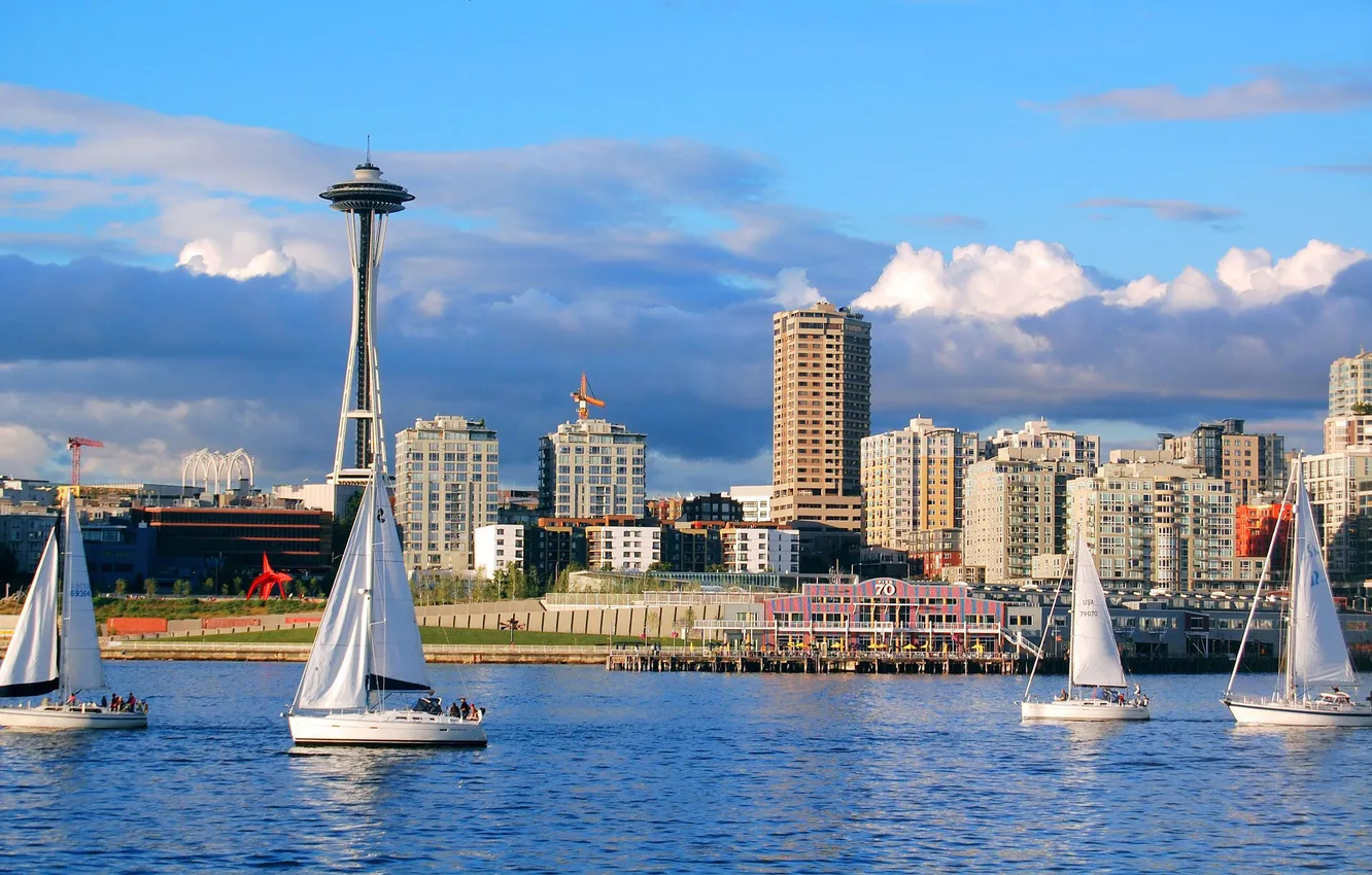 Photo wallpaper sea, the sky, clouds, boat, home, yacht, sail, Seattle