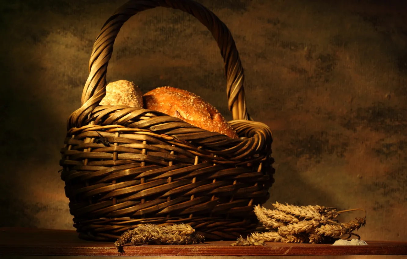 Photo wallpaper table, basket, bread, ears
