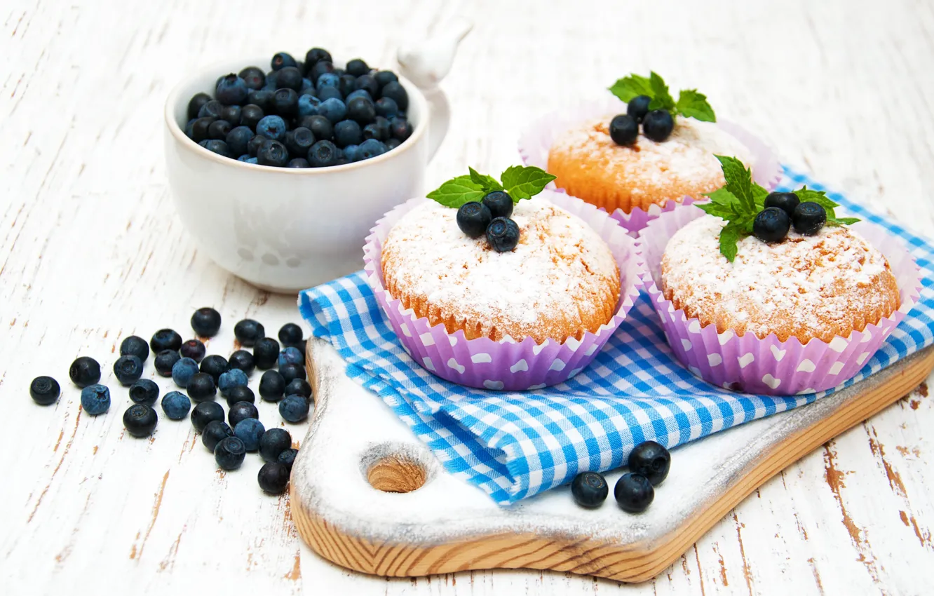 Photo wallpaper berries, bowl, blueberries, powdered sugar, muffins, Olena Rudo