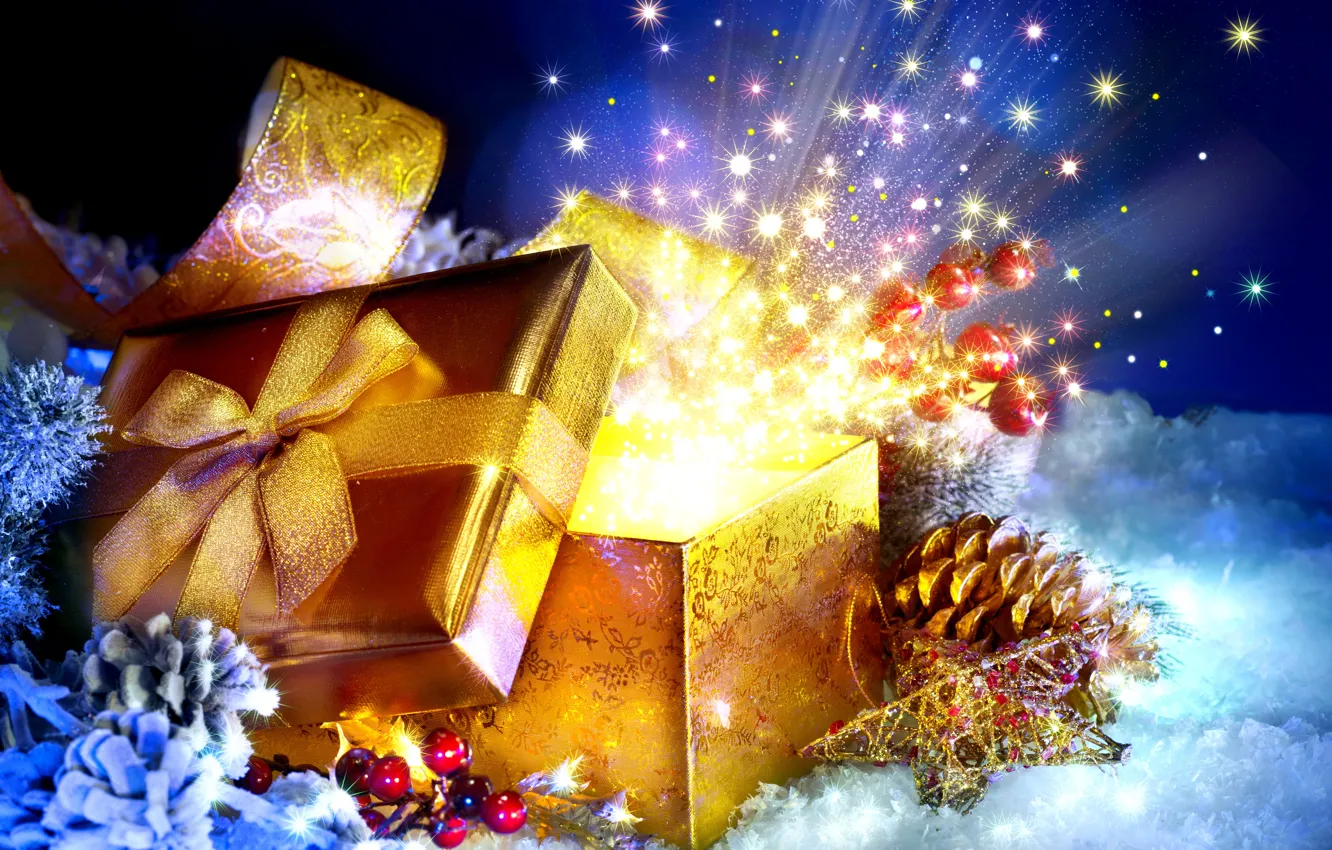 Photo wallpaper snow, box, gift, New Year, Christmas, Christmas, New Year, decoration