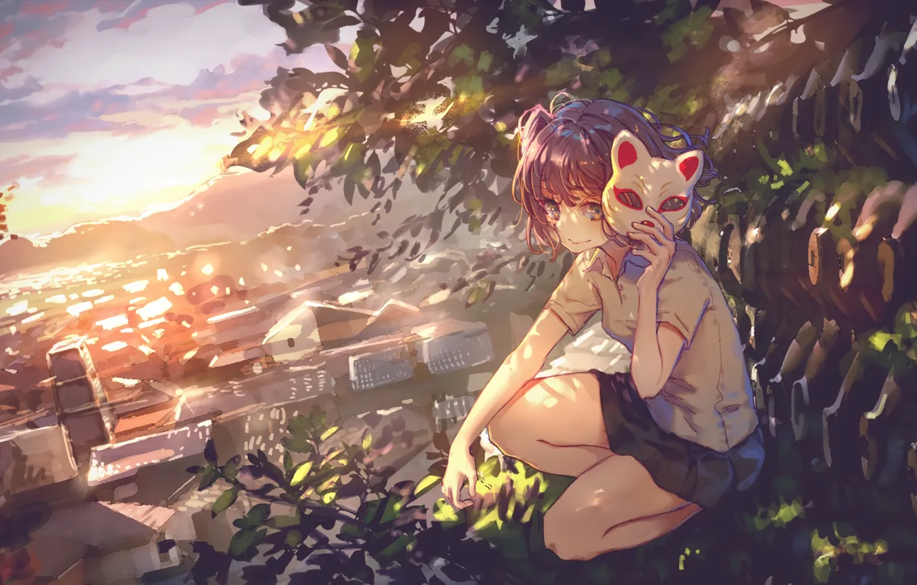 Photo wallpaper girl, trees, mask