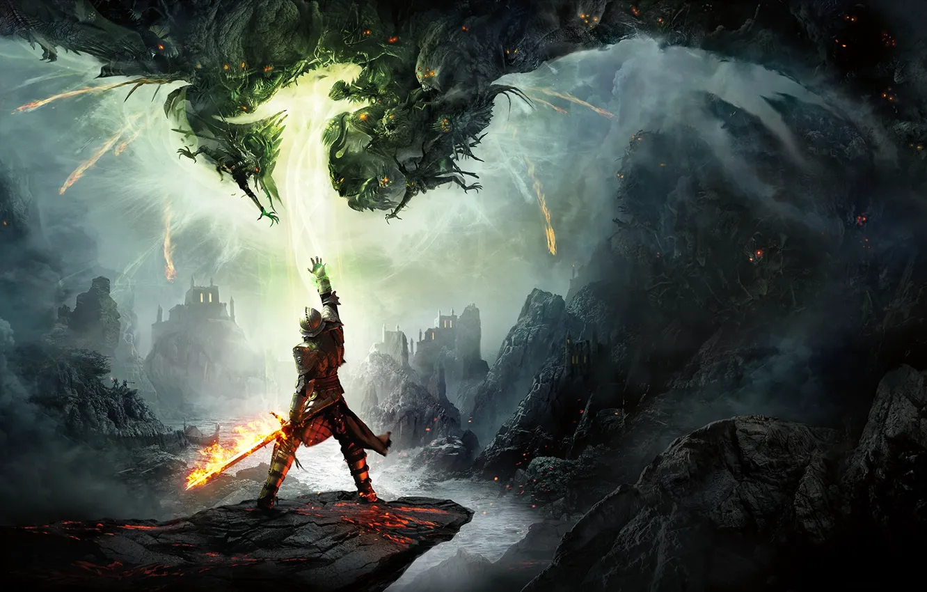 Photo wallpaper mountains, magic, the game, sword, armor, warrior, bioware, Electronic Arts