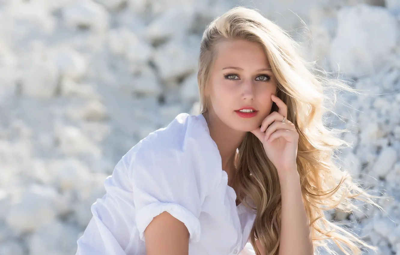 Photo wallpaper girl, blouse, view, model, hair, looking, sitting, Emilie