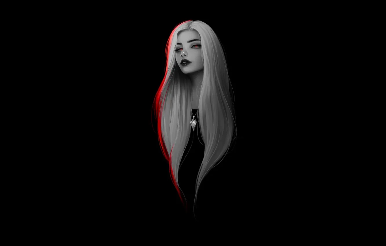 Photo wallpaper Girl, dark, long hair, minimalism, red eyes, artwork, black background, necklace