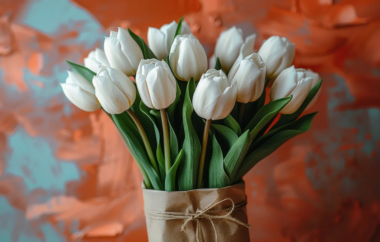 Photo wallpaper neural network, flowers, holiday, orange background, AI art, bouquet, package, tulips
