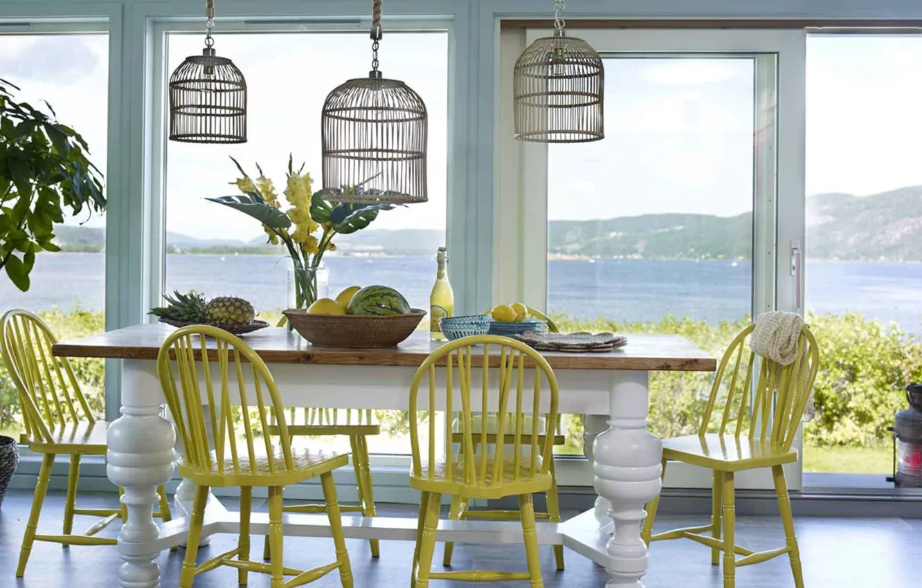 Photo wallpaper design, style, room, interior, dining room, lake view