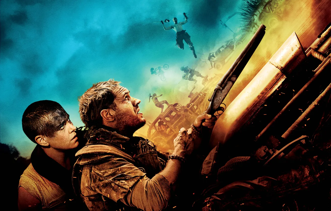 Photo wallpaper Charlize Theron, wallpaper, Action, road, Mad, sky, cars, desert