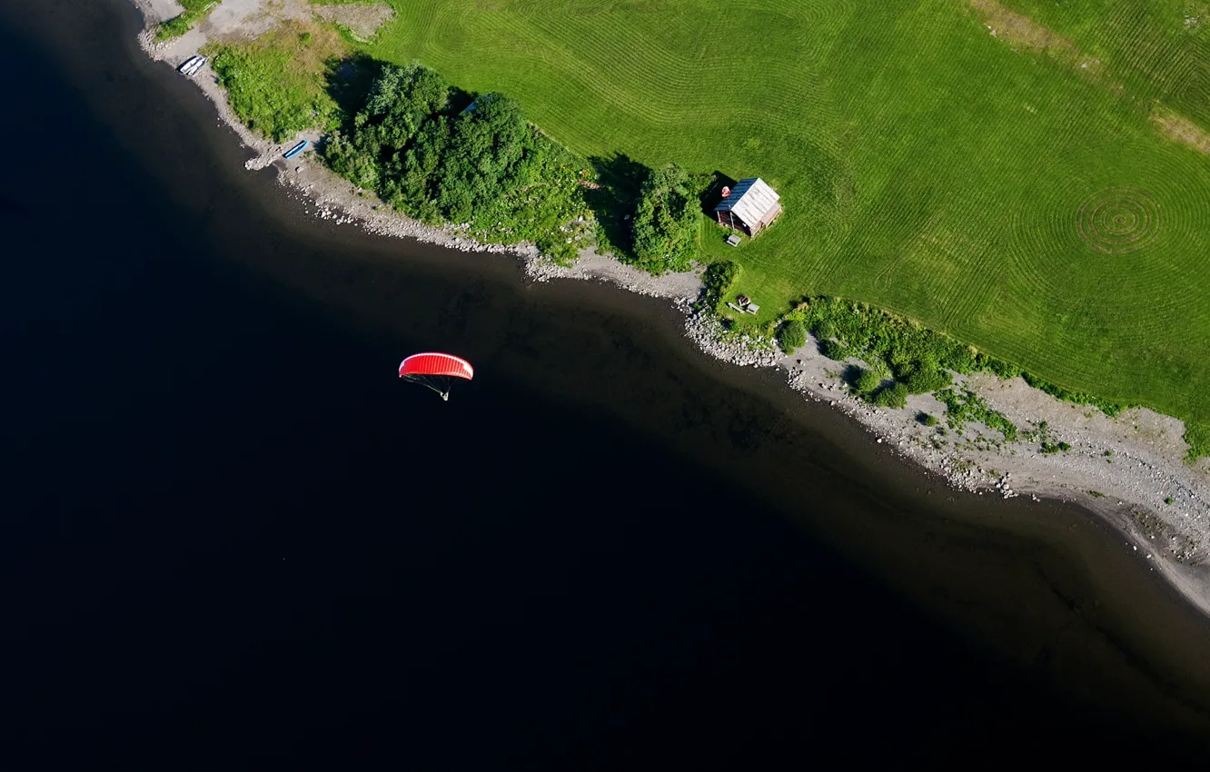 Photo wallpaper flight, lake, field, home, boats, pilot, paraglider, farm