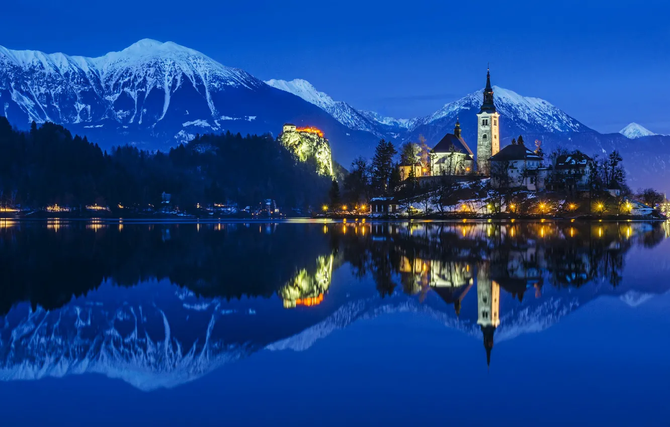 Photo wallpaper landscape, mountains, night, nature, lake, reflection, lighting, Alps