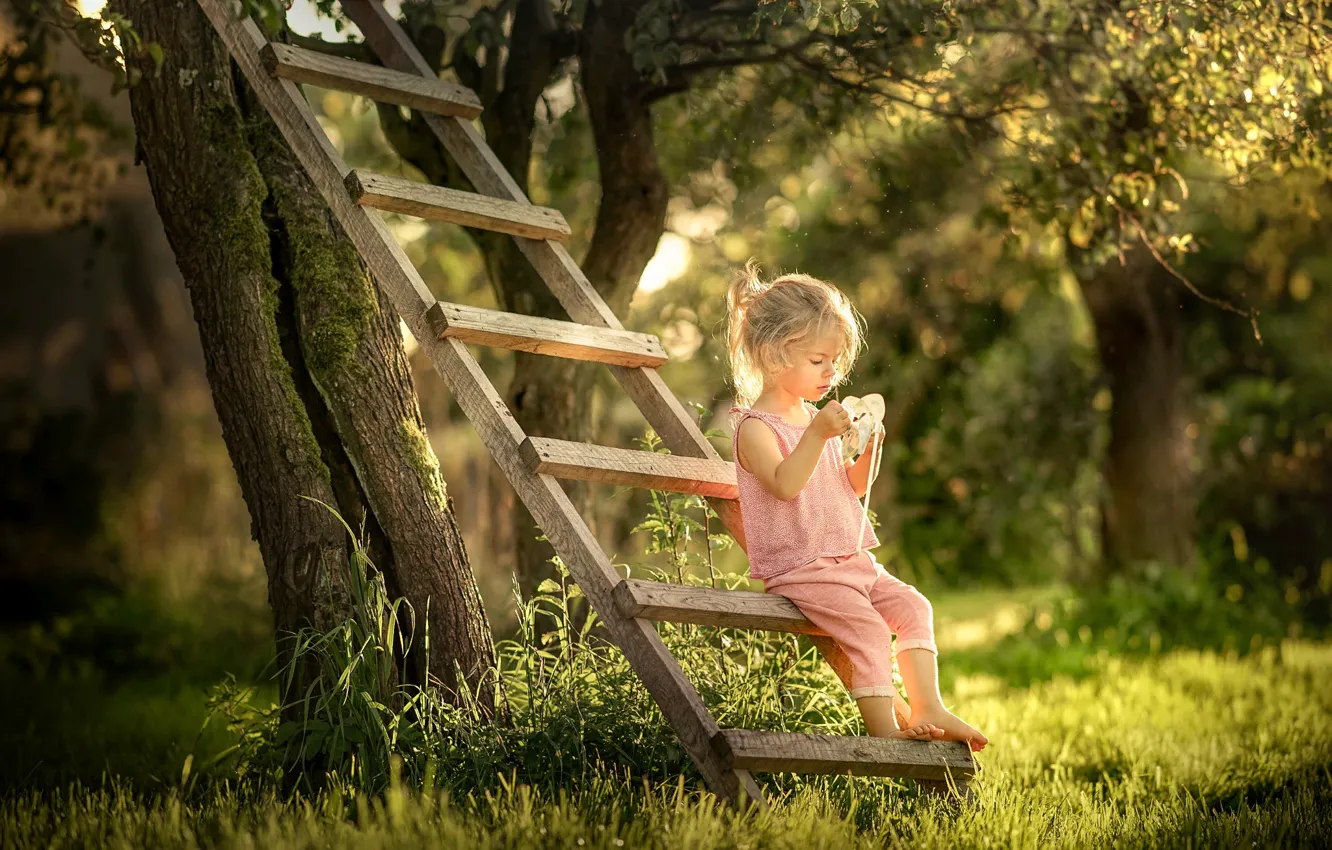 Photo wallpaper summer, trees, nature, children, garden, ladder, girl, baby