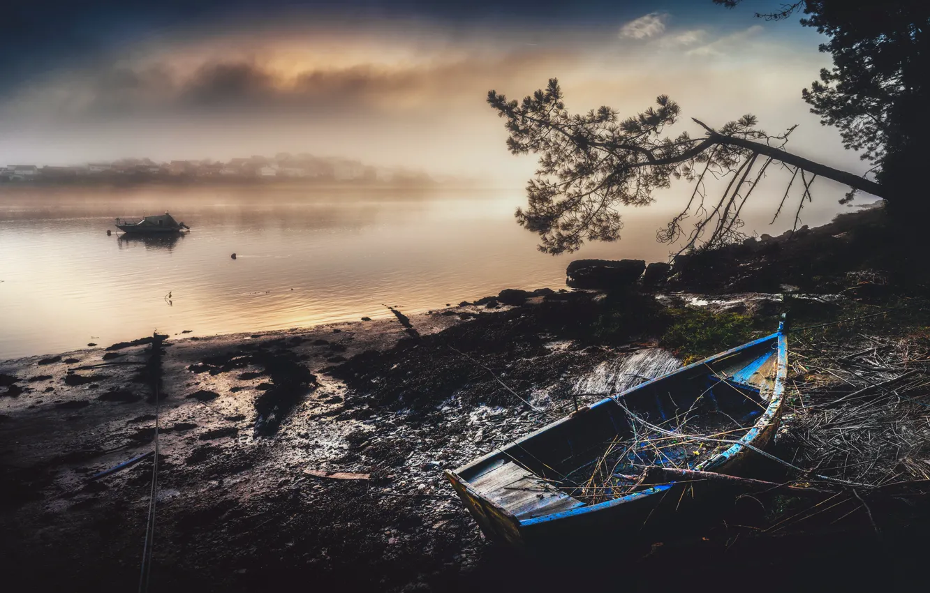 Photo wallpaper night, fog, river, boat