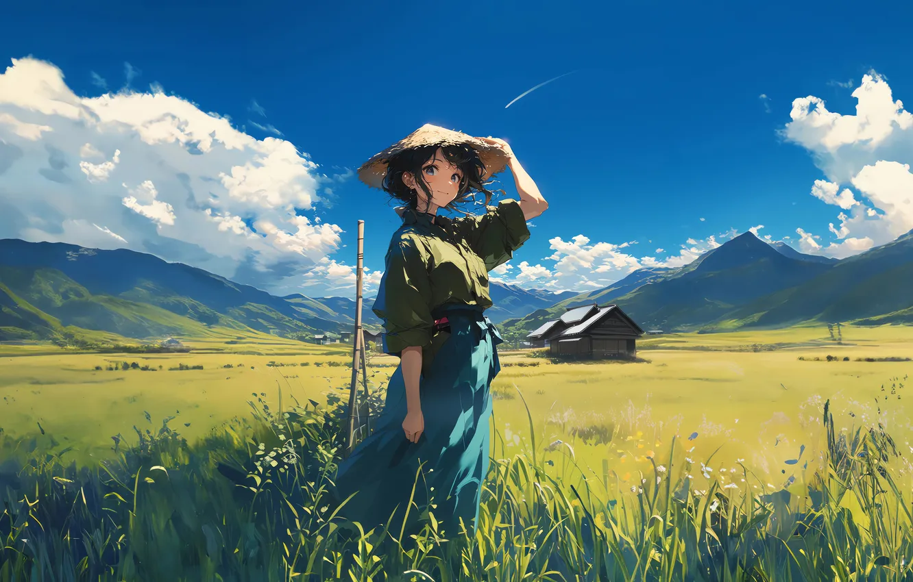 Photo wallpaper sky, field, landscape, anime, mountains, clouds, digital art, artwork