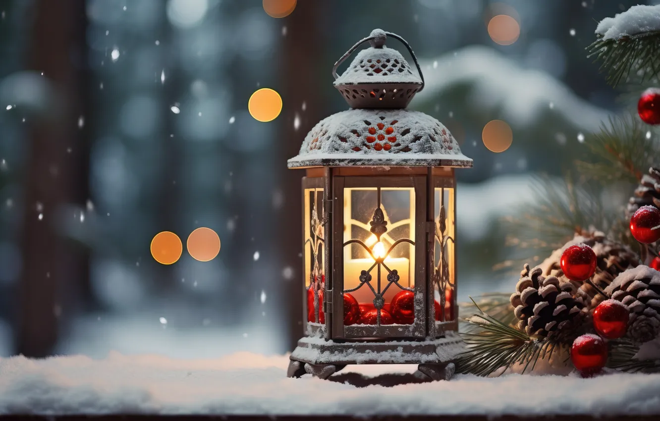 Photo wallpaper winter, snow, decoration, New Year, Christmas, lantern, light, new year