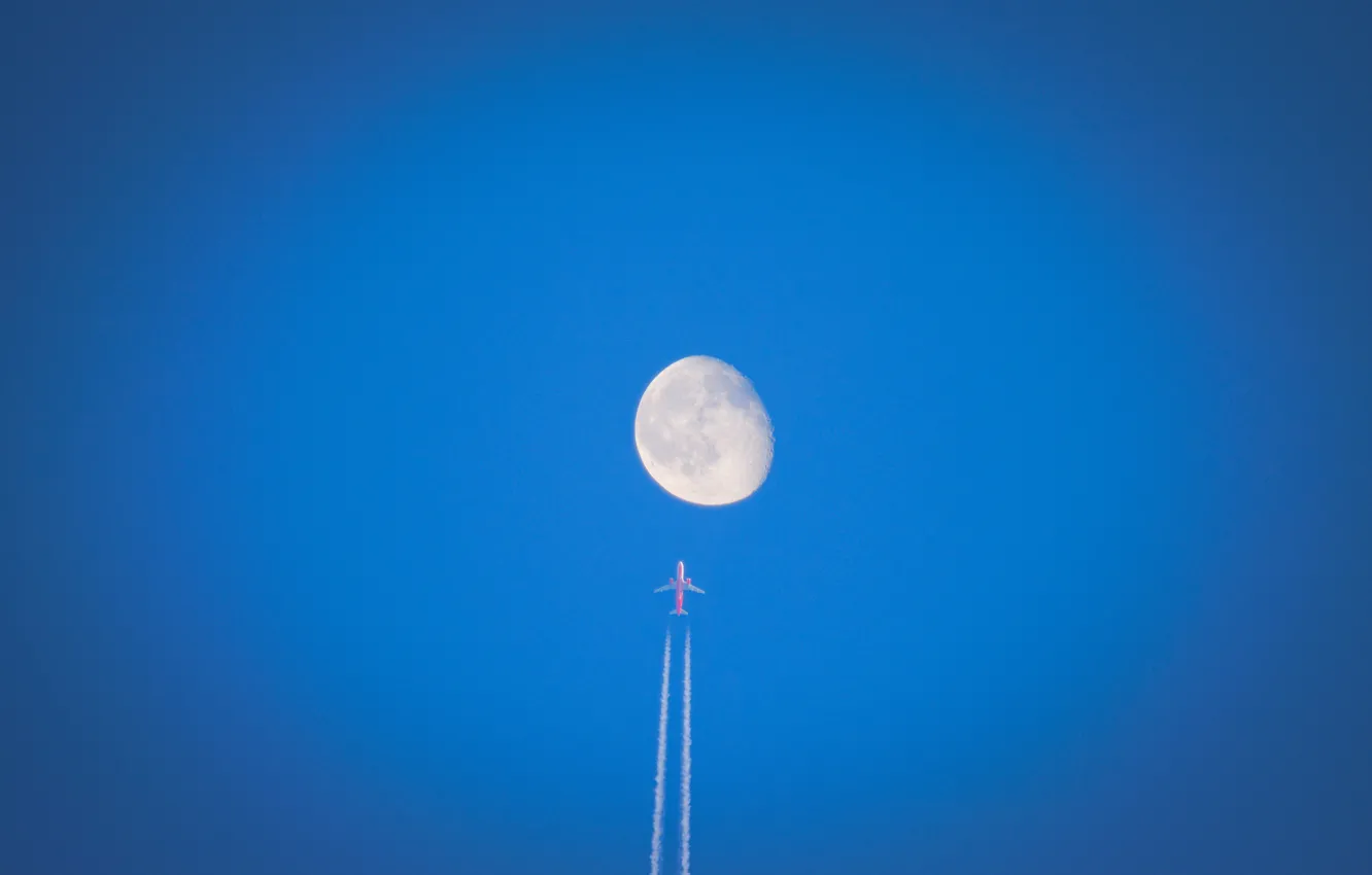 Photo wallpaper moon, sky, flight, airplane, contrails
