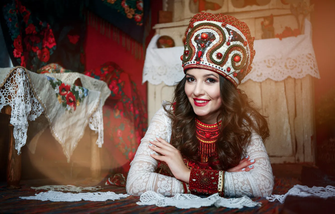 Photo wallpaper girl, smile, style, swipe, kokoshnik, Anastasia Golubeva, Anastasia Took