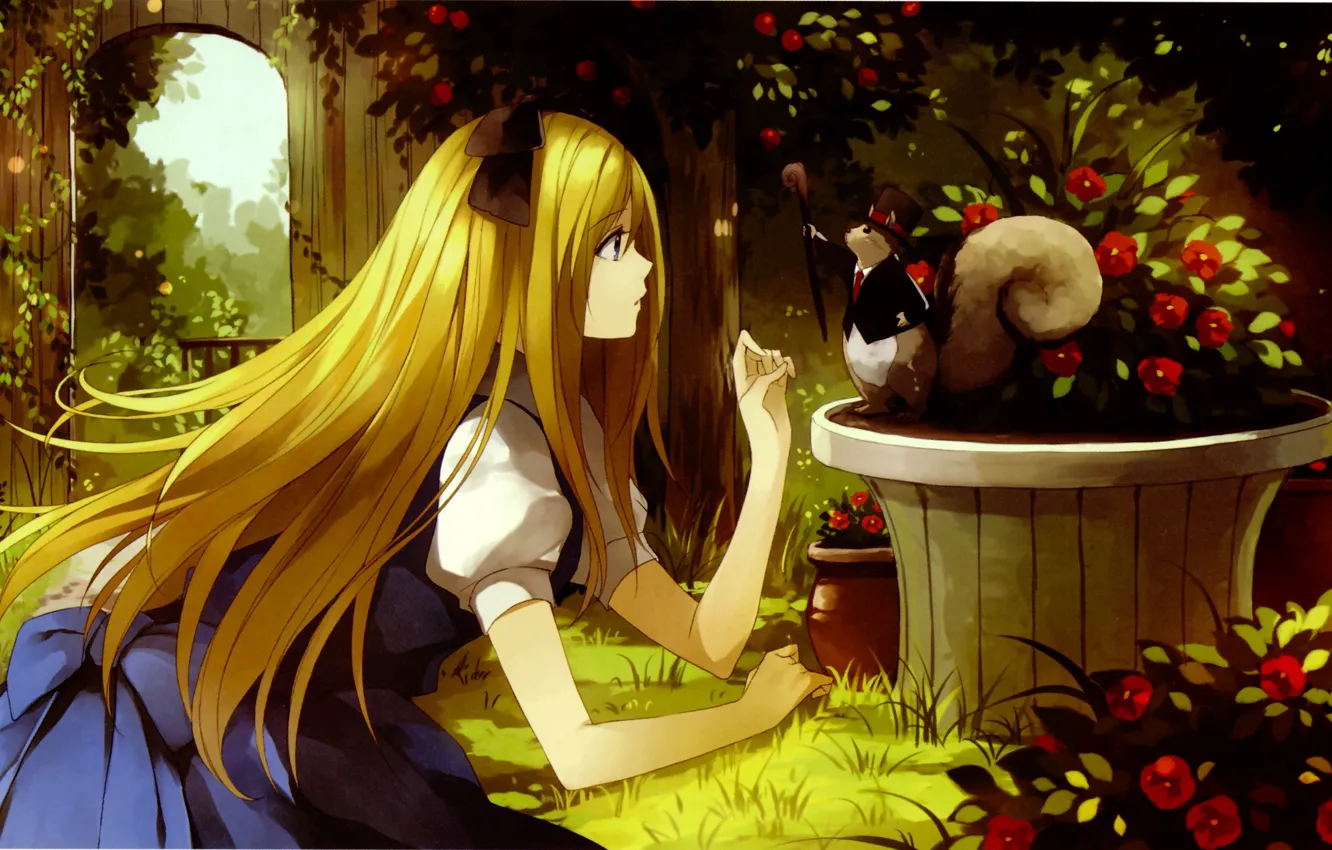 Photo wallpaper girl, flowers, animal, hat, anime, garden, protein, art