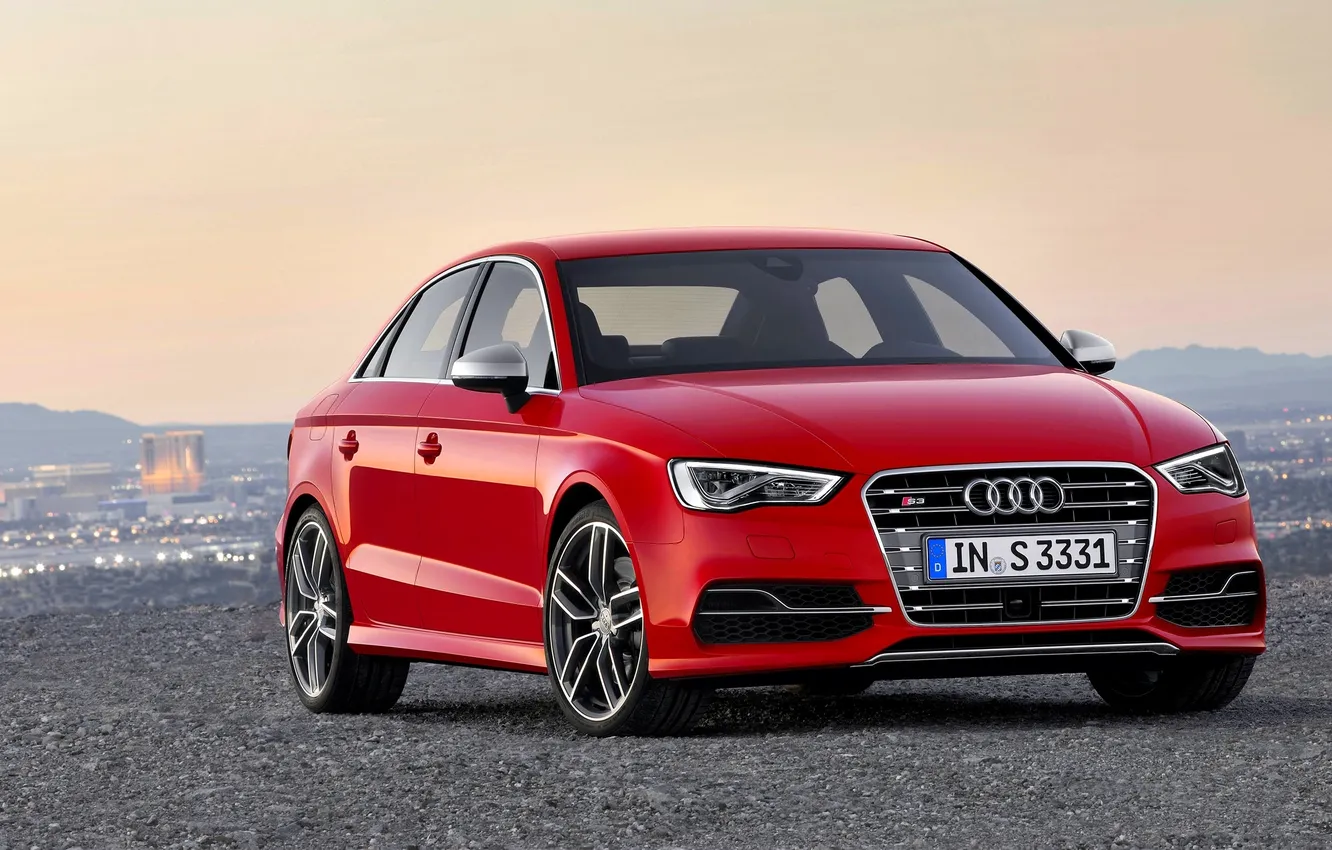 Photo wallpaper auto, red, Audi, lights, the evening, grille, The hood, sedan