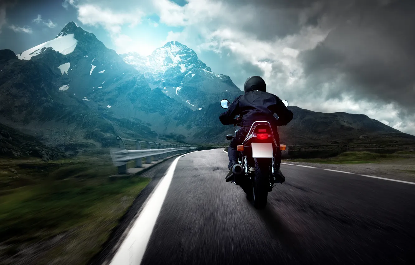 Photo wallpaper road, clouds, motorcyclist