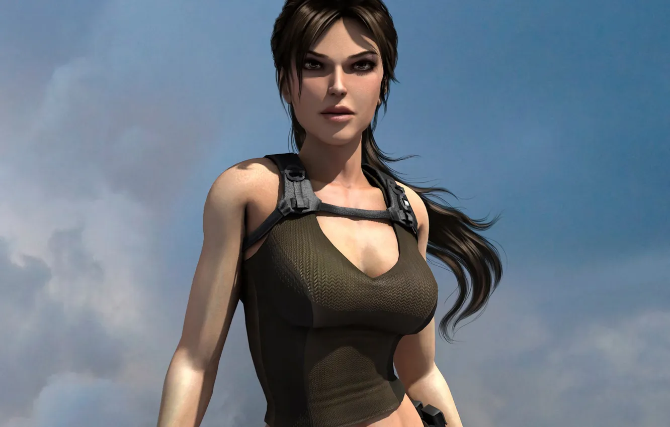 Photo wallpaper girl, the wind, hair, costume, Lara Croft, Tomb Raider: Underworld