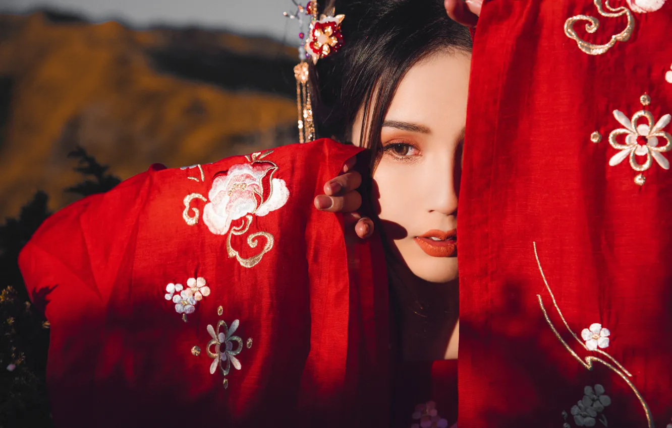 Photo wallpaper girl, face, makeup, Asian, sleeve