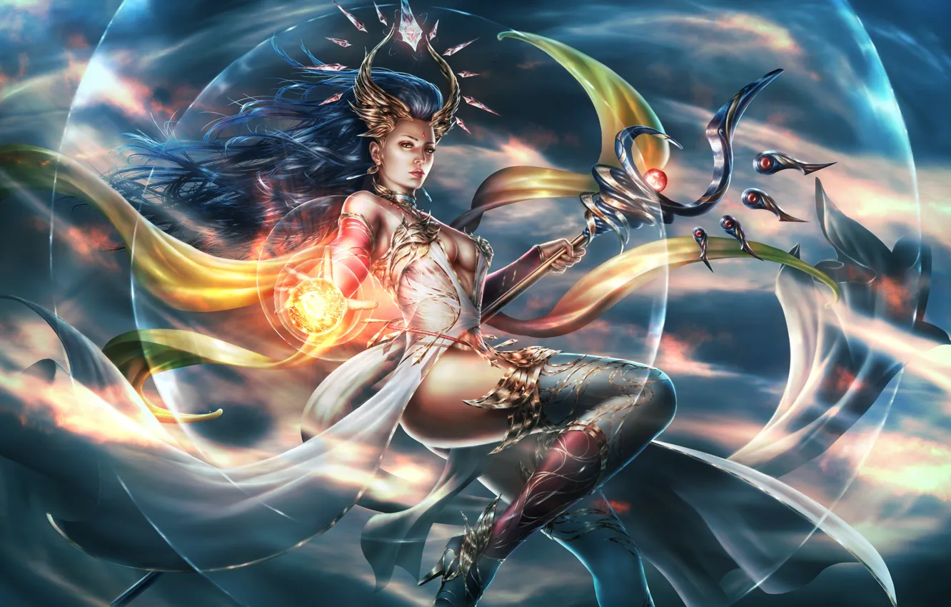 Photo wallpaper chest, girl, fiction, magic, feet, hair, art, MAG