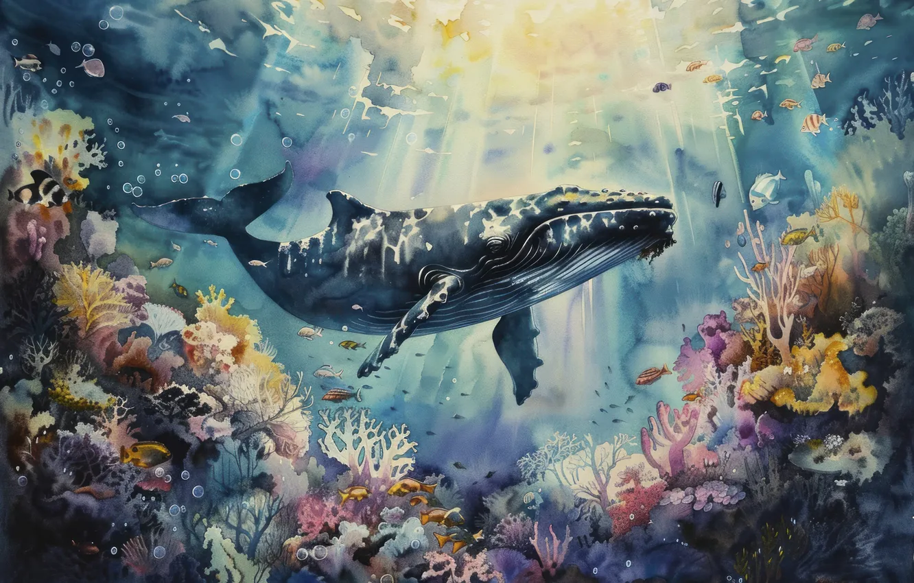 Photo wallpaper fish, corals, kit, underwater world, digital art, imitation painting, AI art, The Art of Artificial …