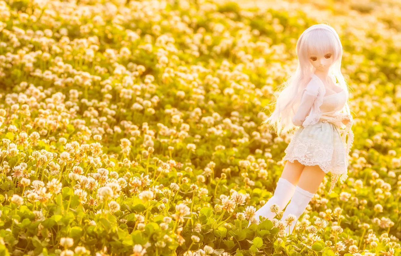 Photo wallpaper field, pose, toy, doll, clover, lilac, long hair