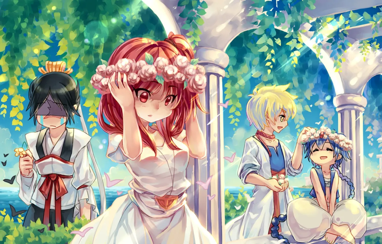 Photo wallpaper girl, garden, art, guy, Aladdin, Ren Hakuryuu, Morgiana, Ali Baba Saluja