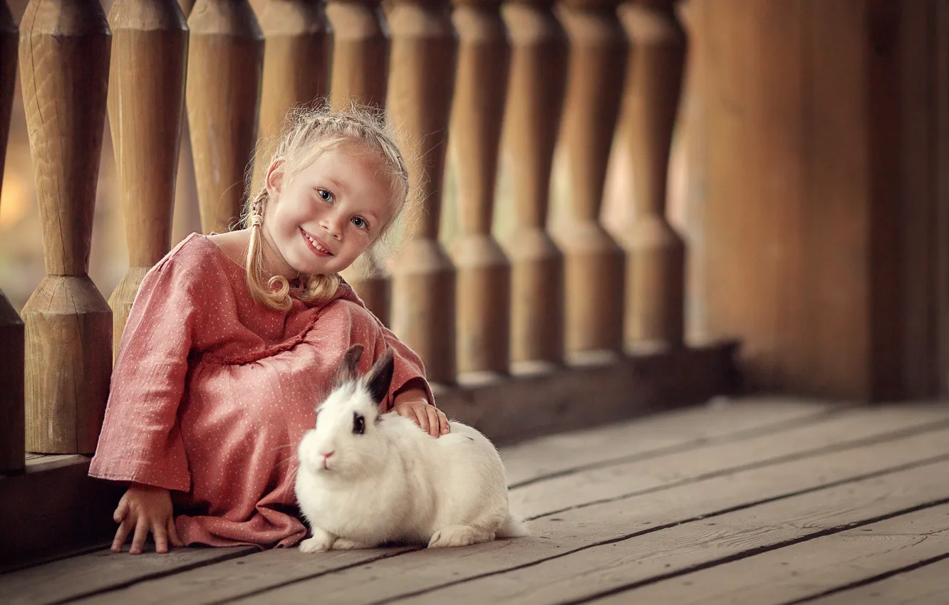 Photo wallpaper smile, animal, Board, rabbit, dress, girl, baby, child