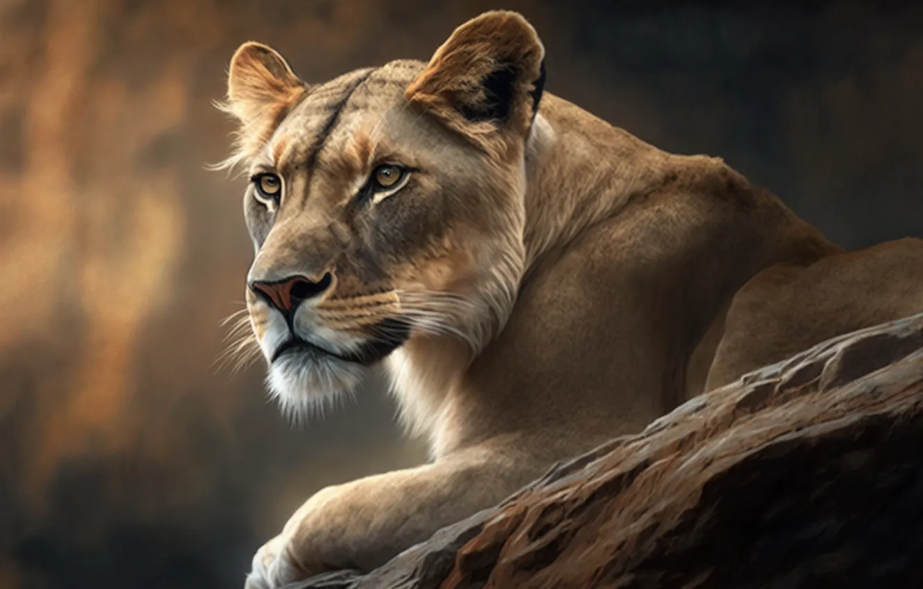 Photo wallpaper look, face, lioness, big cat, predator, digital art, AI art, The Art of Artificial Intelligence