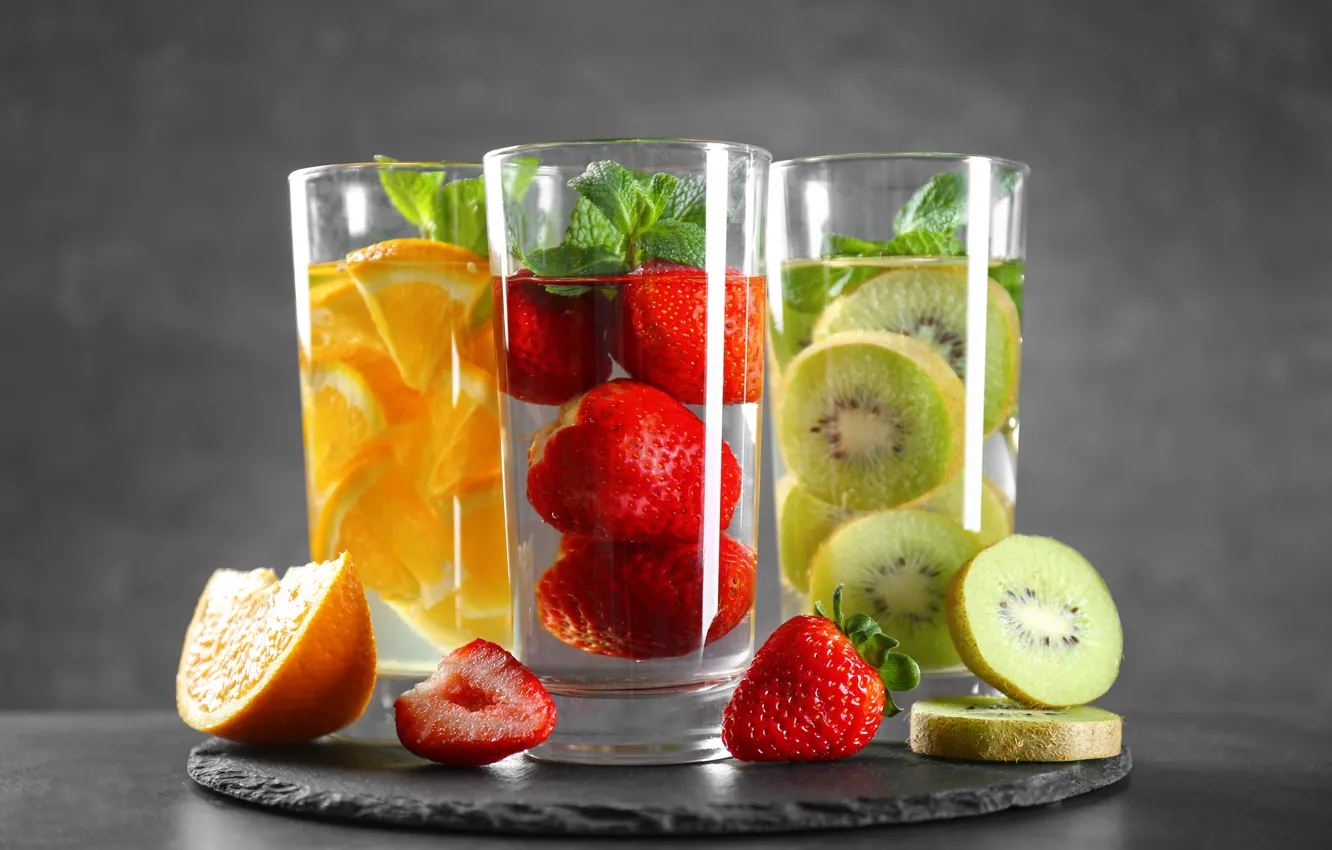 Photo wallpaper orange, kiwi, strawberry, glasses, fruit, drinks, mint, fresh