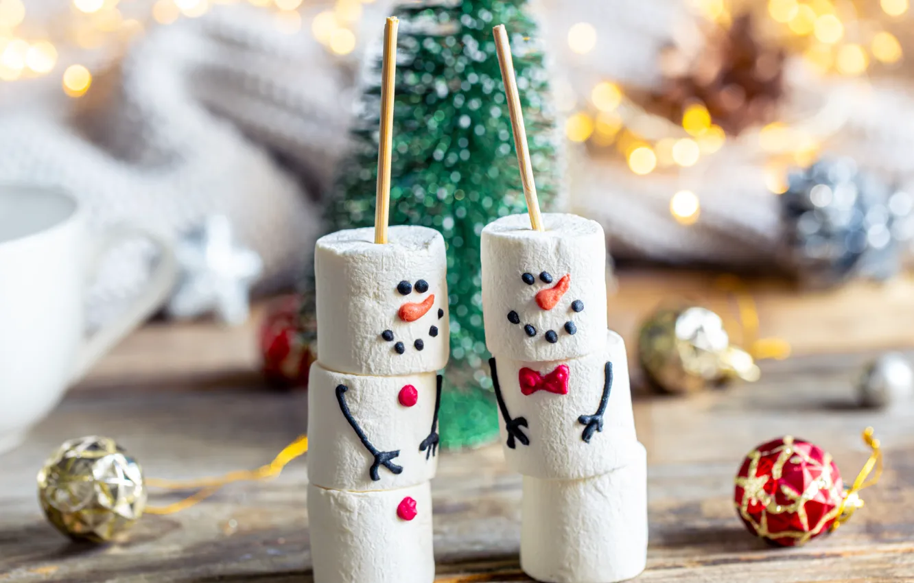 Photo wallpaper new year, Christmas, candy, snowman, a couple, Duo, faces, dessert