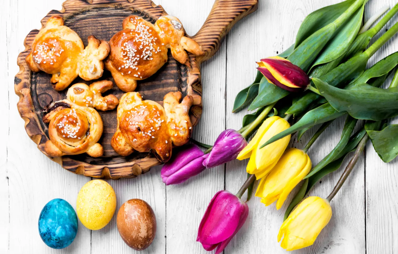 Photo wallpaper flowers, eggs, spring, Easter, tulips, flowers, cakes, tulips