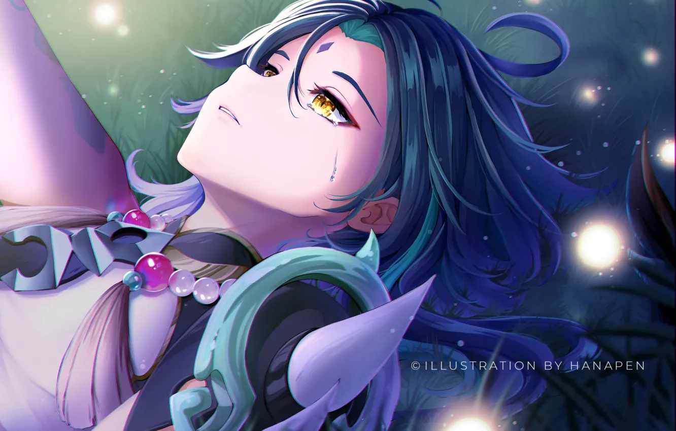 Photo wallpaper guy, fireflies, Xiao, Genshin Impact, grass, tears