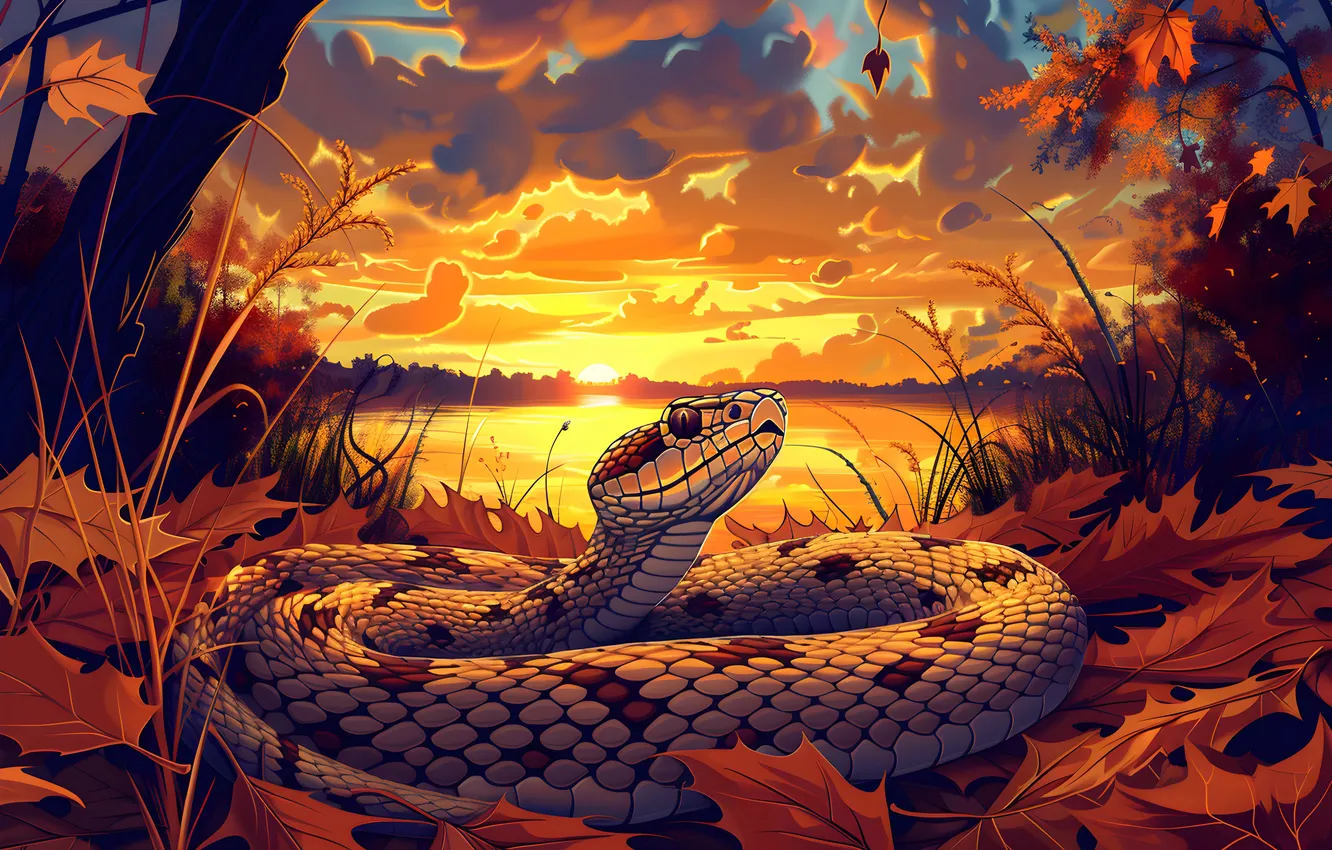 Photo wallpaper grass, leaves, clouds, lake, animal, dawn, snake, art