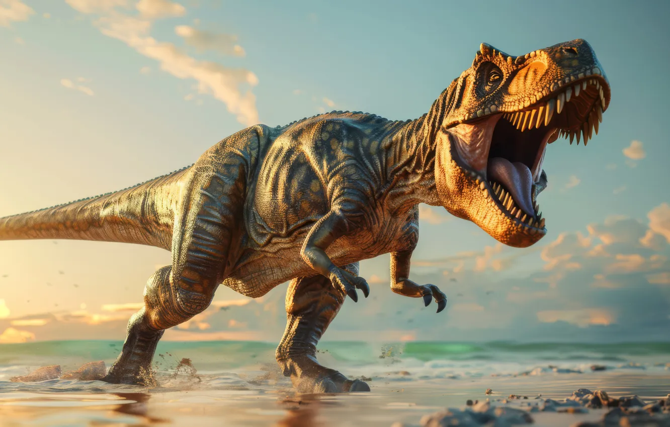 Photo wallpaper Sea, Dawn, Teeth, Face, Predator, Dinosaur, Animal, Digital art