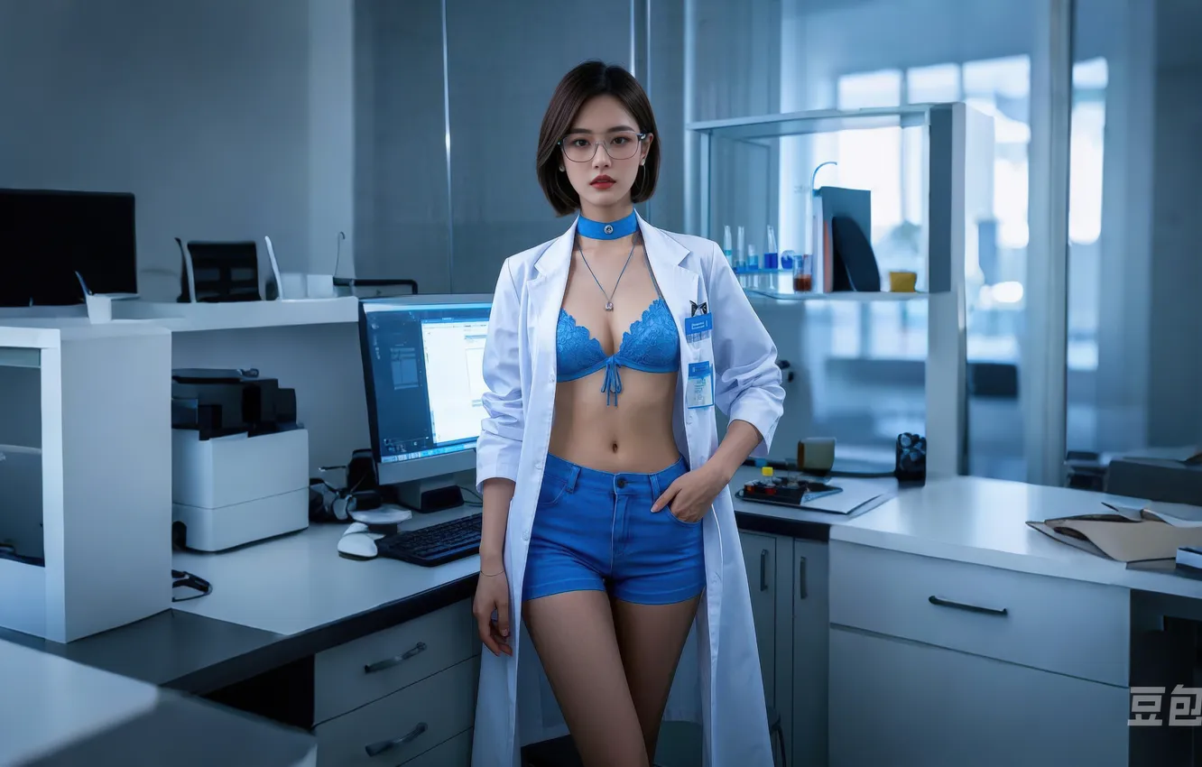 Photo wallpaper girl, asian, laboratory, AI Art, laboratory assistant