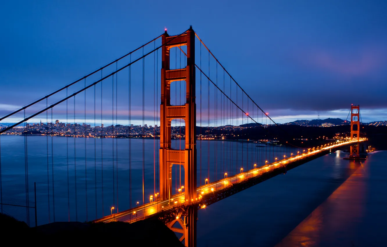Photo wallpaper the sky, clouds, night, blue, bridge, the city, lights, Strait