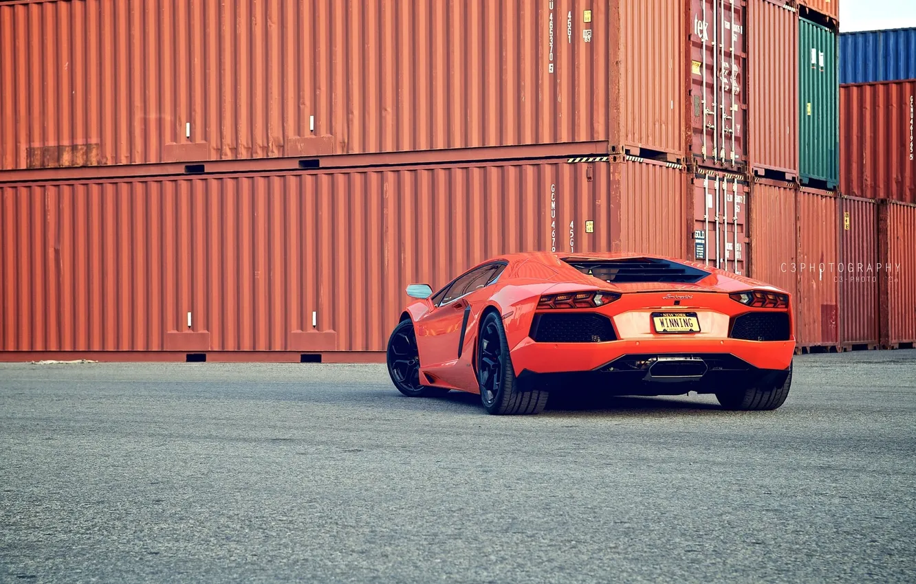 Photo wallpaper asphalt, orange, Lamborghini, container, orange, back, LP700-4, Aventador