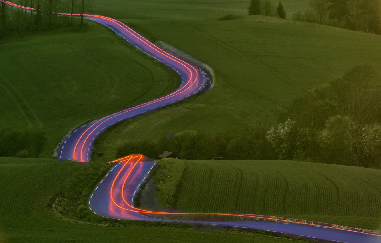 Photo wallpaper road, field, nature, lights, excerpt