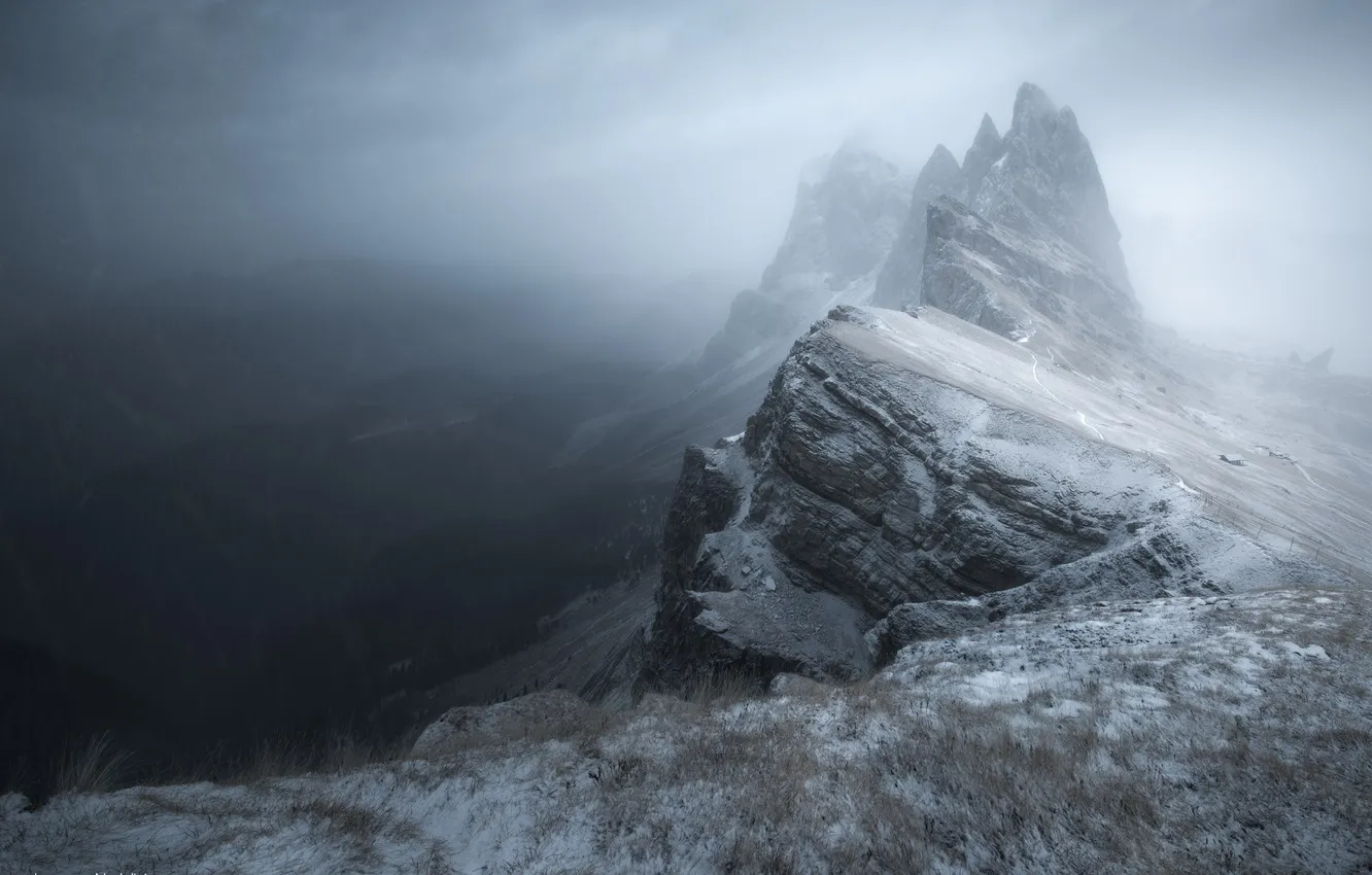 Photo wallpaper winter, snow, mountains, rocks
