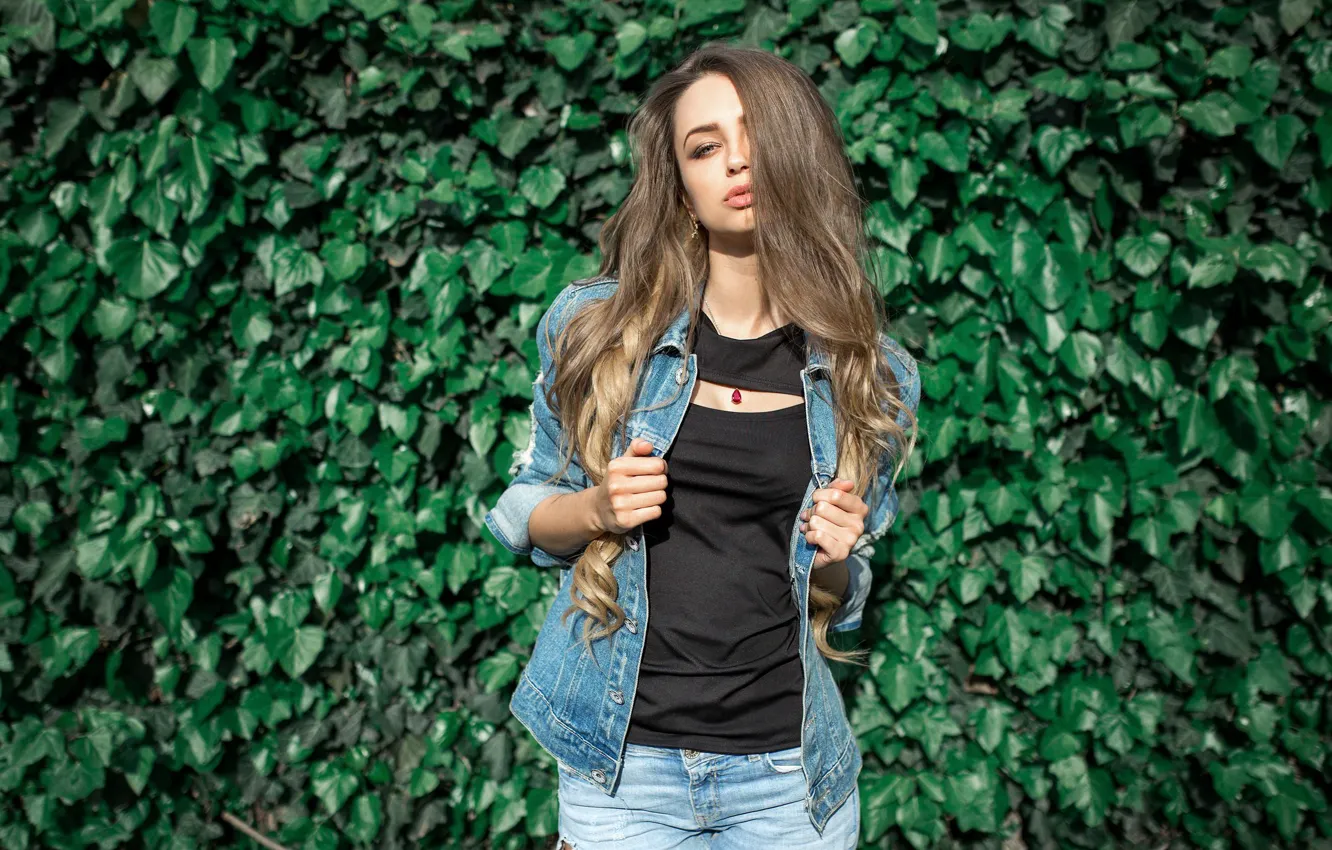 Photo wallpaper look, leaves, girl, face, sweetheart, model, portrait, jacket