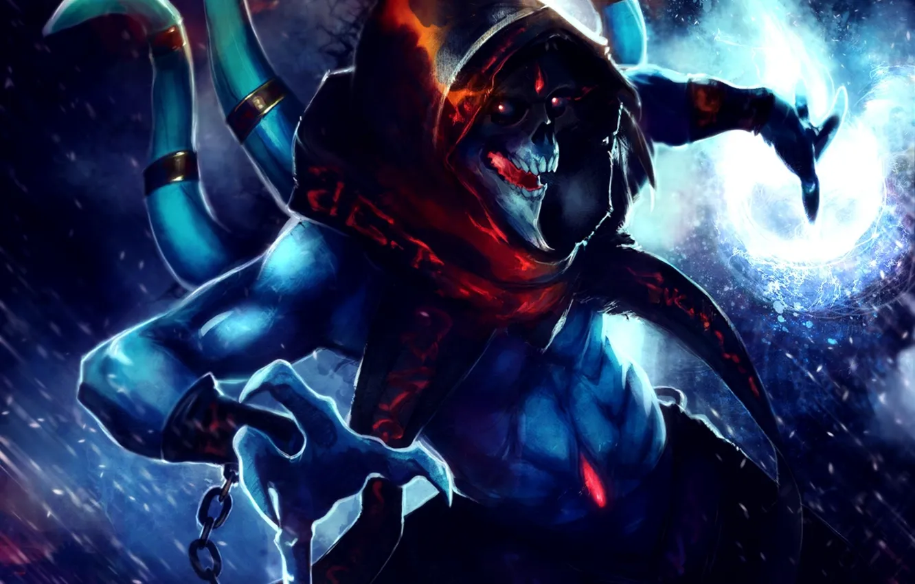 Photo wallpaper art, skeleton, hood, runes, dota 2, Ethreain, Lich, GemmaQw